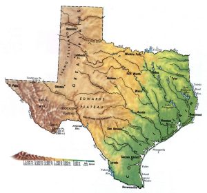 Mapa topogr&aacute;fico del estado de Texas.