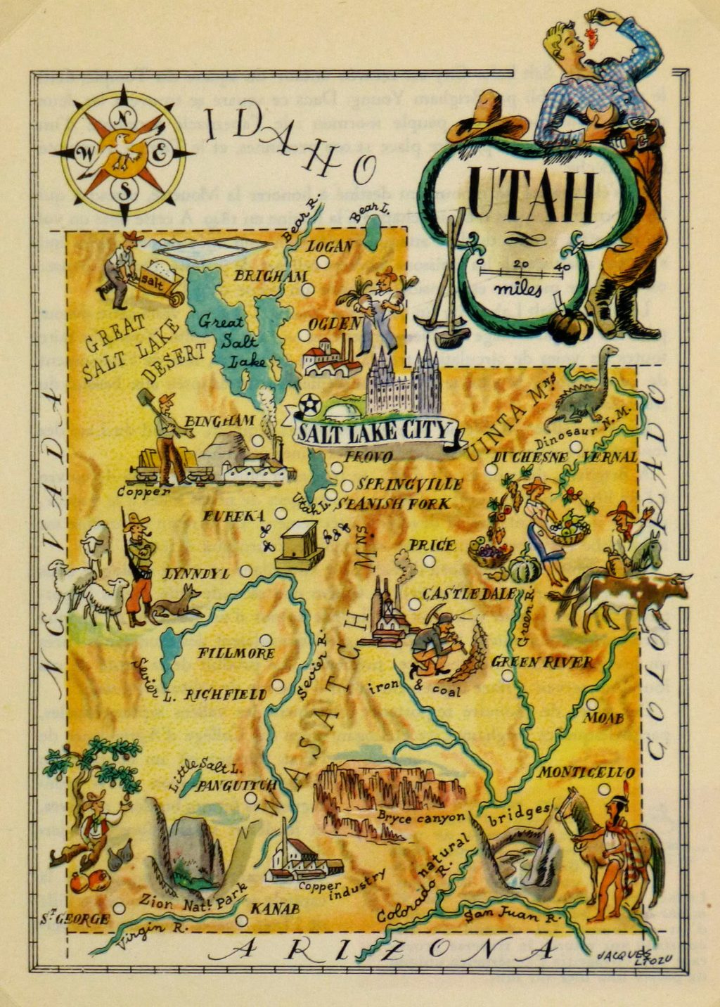 Mapa tur&iacute;stico pict&oacute;rico de Utah de los a&ntilde;os 1940.