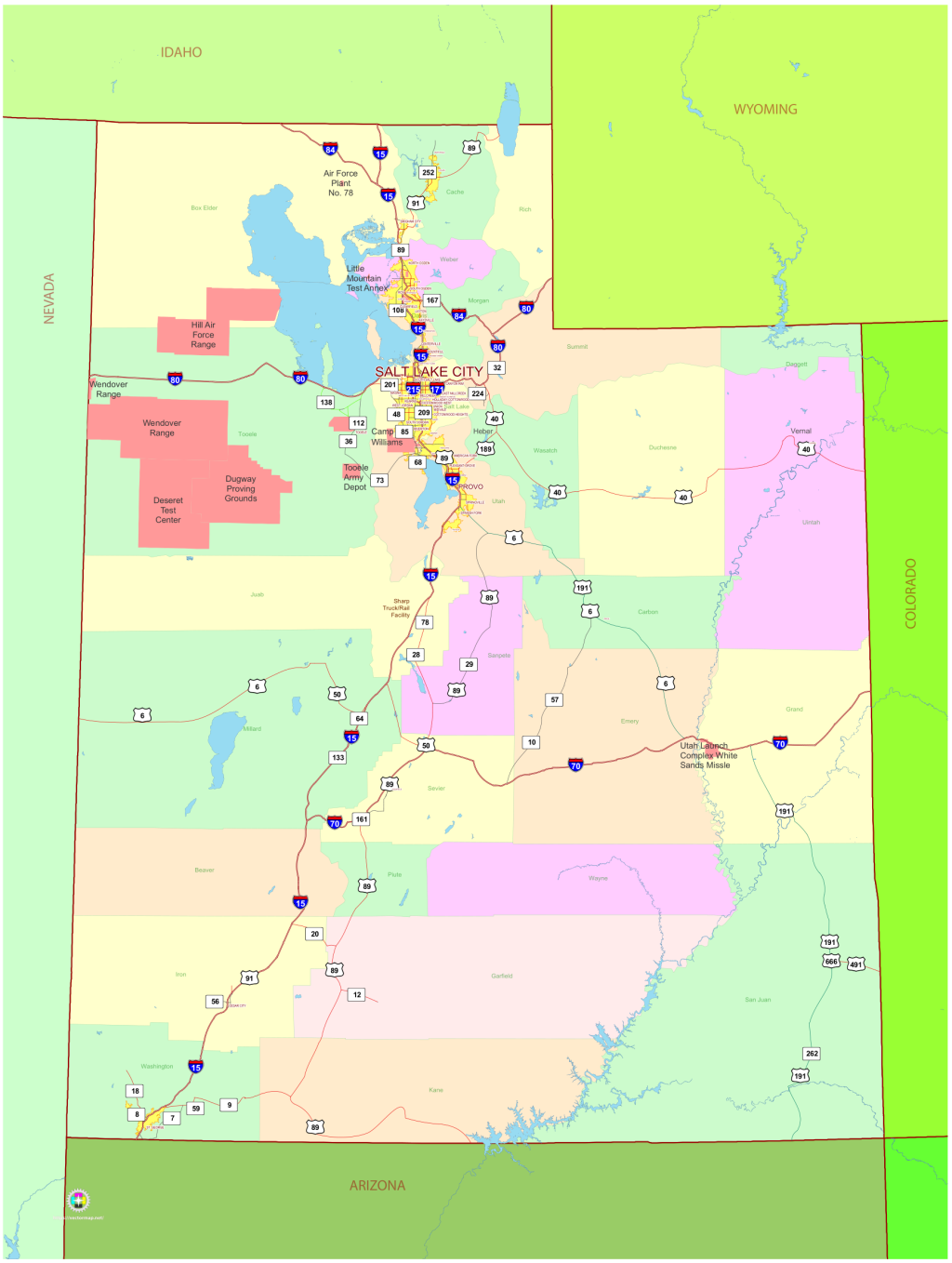 Mapa pol&iacute;tico del estado de Utah.