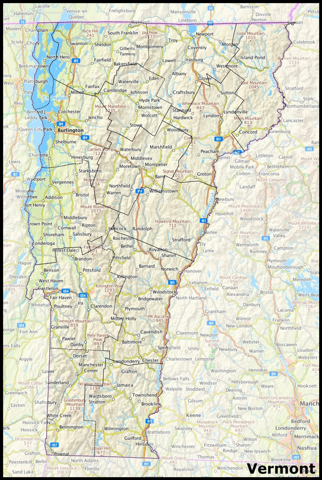 Mapa del estado de Vermont.