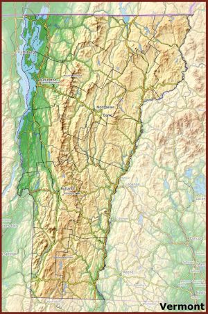 Mapa f&iacute;sico del estado de Vermont