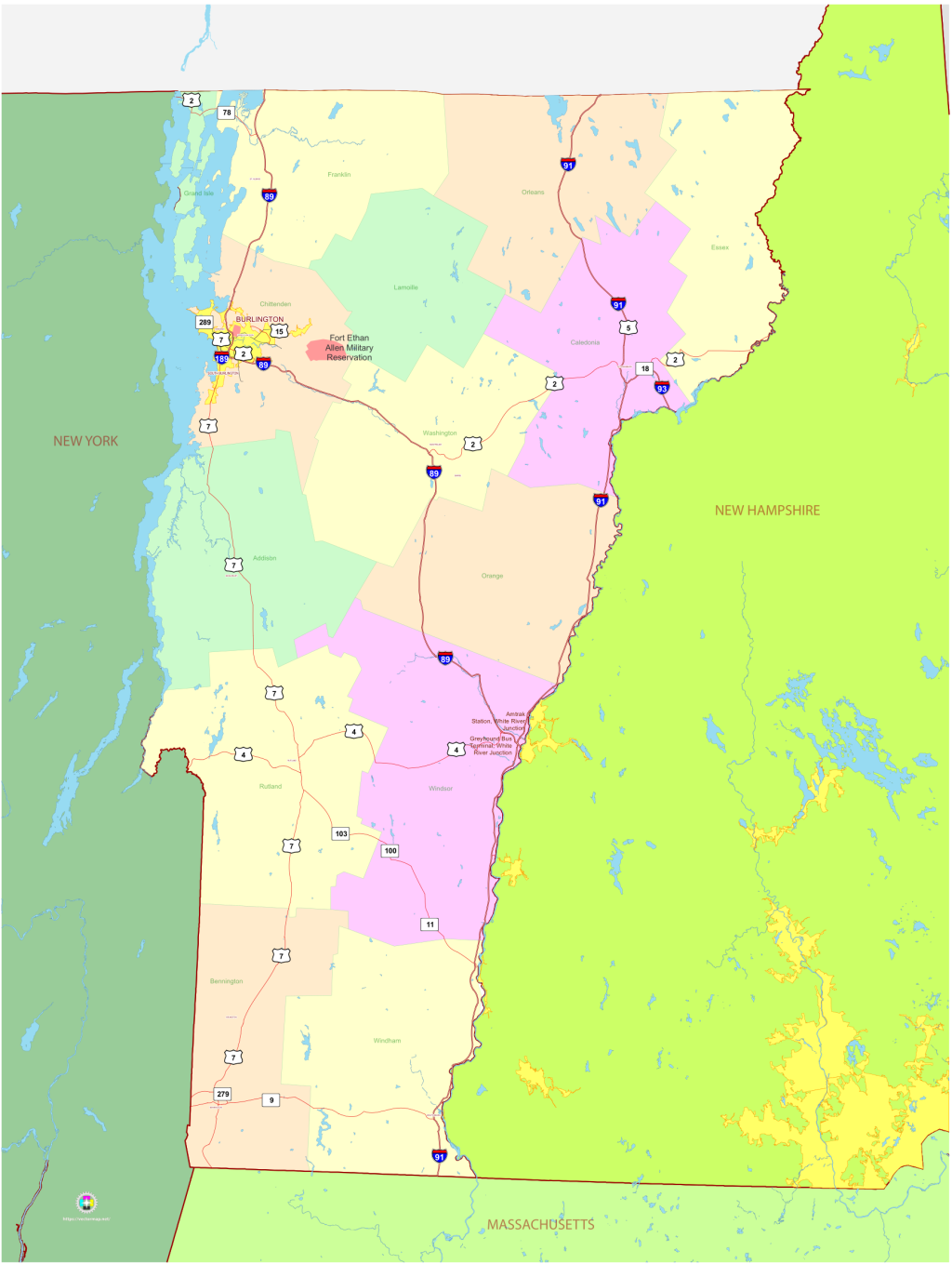 Mapa pol&iacute;tico del estado de Vermont.