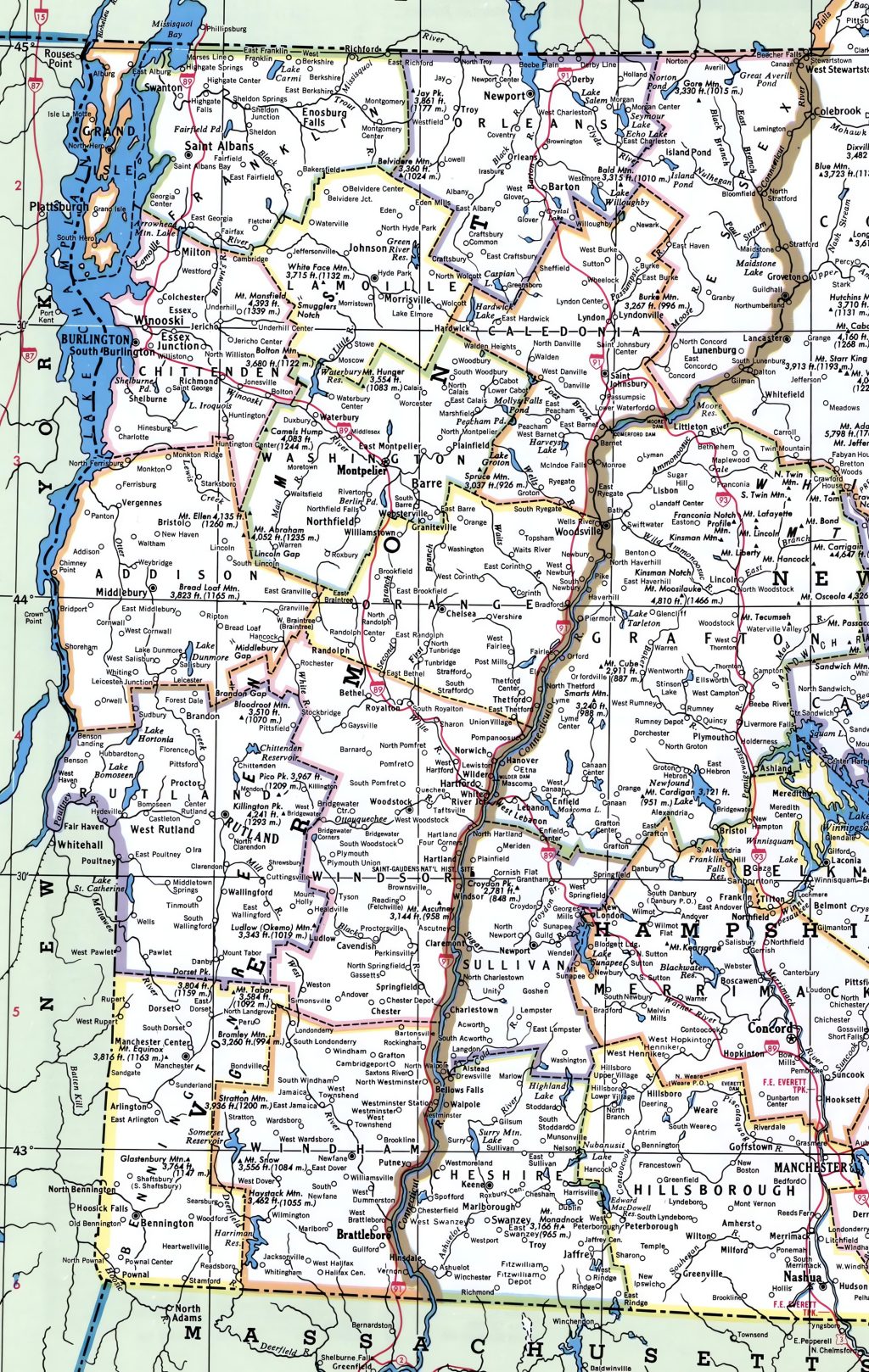 Mapa de las ciudades y pueblos de Vermont.