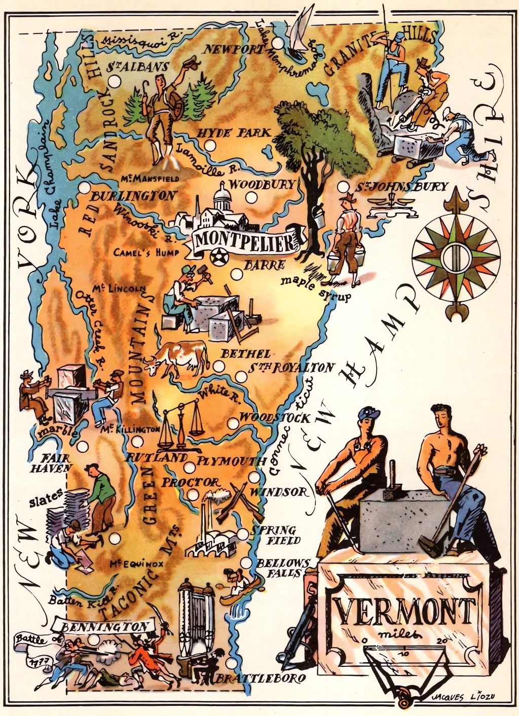 Mapa tur&iacute;stico pict&oacute;rico de Vermont de los a&ntilde;os 1940.