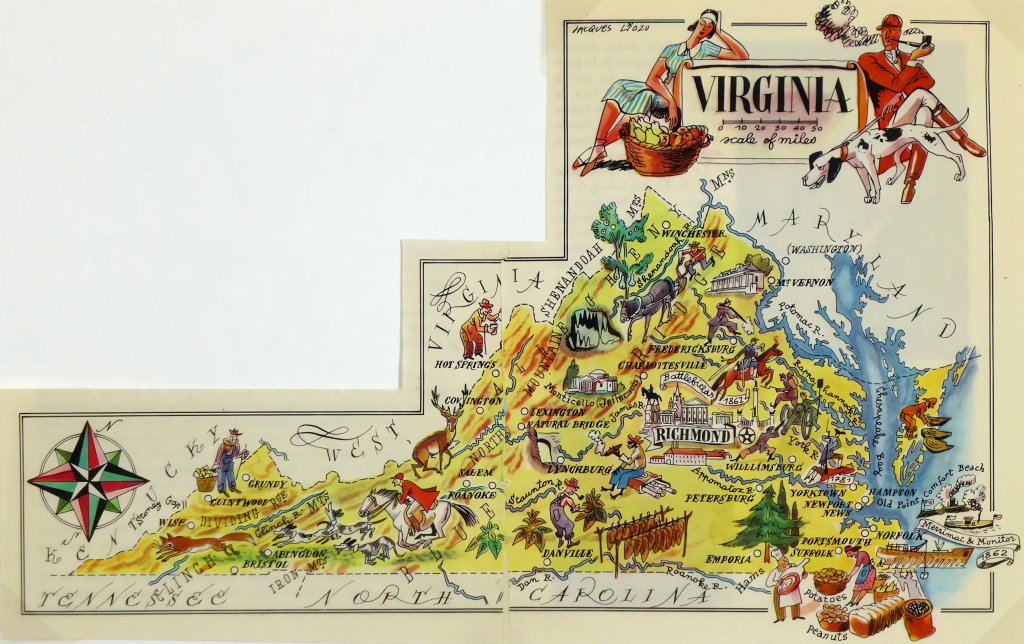 Mapa tur&iacute;stico pict&oacute;rico de Virginia de los a&ntilde;os 1940.