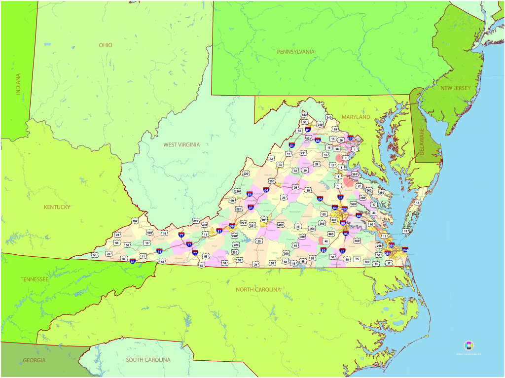 Mapa pol&iacute;tico del estado de Virginia.