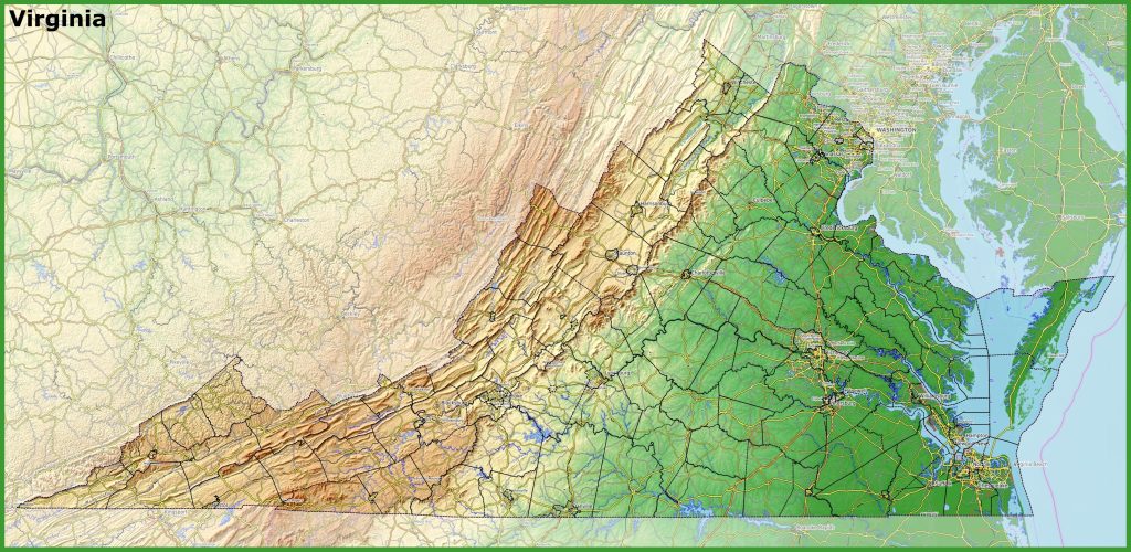 Mapa f&iacute;sico del estado de Virginia.