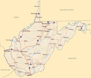 Mapa de relieve sombreado de Virginia Occidental.