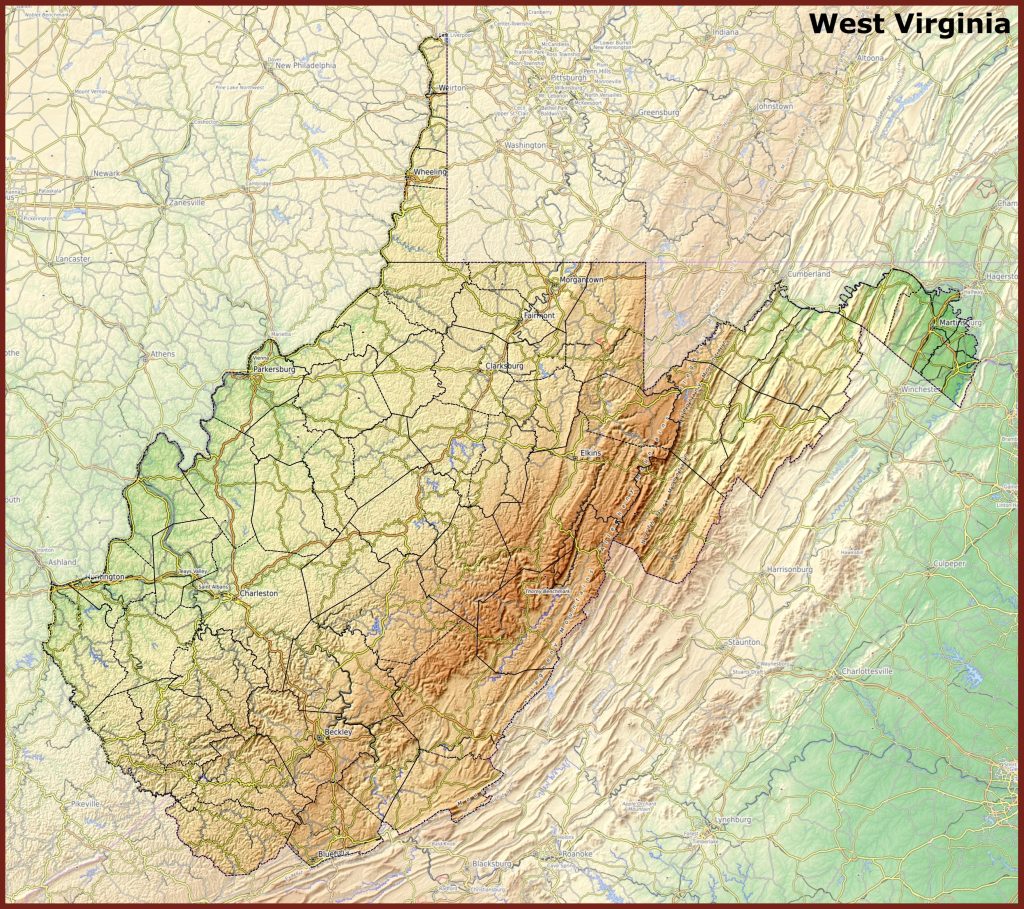 Mapa f&iacute;sico del estado de Virginia Occidental.