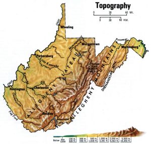 Mapa topogr&aacute;fico del estado de Virginia Occidental.