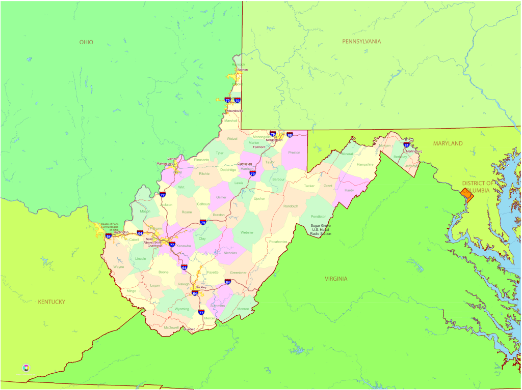 Mapa pol&iacute;tico del estado de Virginia Occidental.