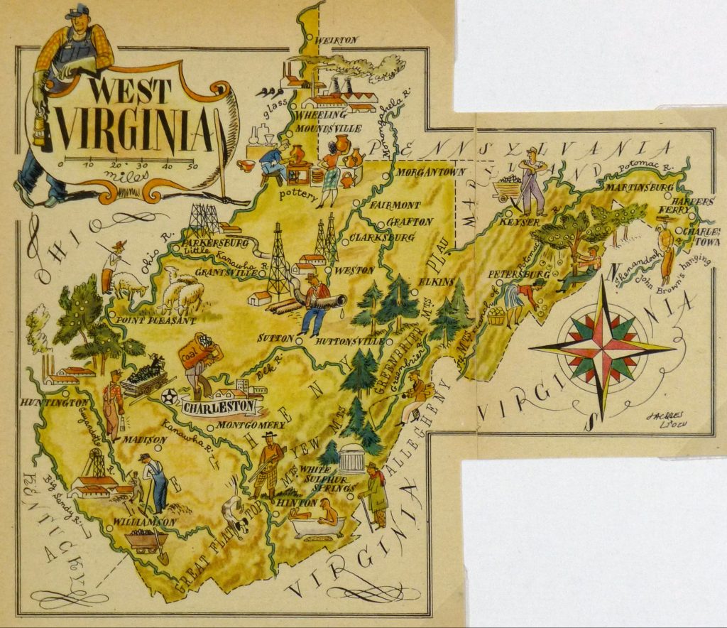 Mapa tur&iacute;stico pict&oacute;rico de Virginia Occidental de los a&ntilde;os 1940.