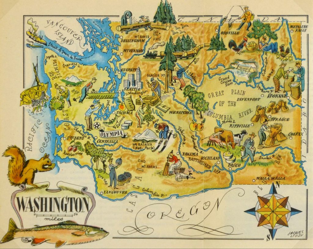 Mapa tur&iacute;stico pict&oacute;rico del estado de Washington de los a&ntilde;os 1940.