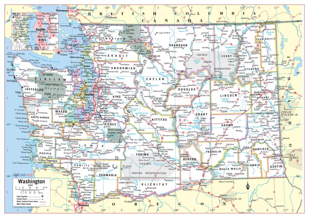 Mapa de las ciudades y pueblos del estado de Washington.