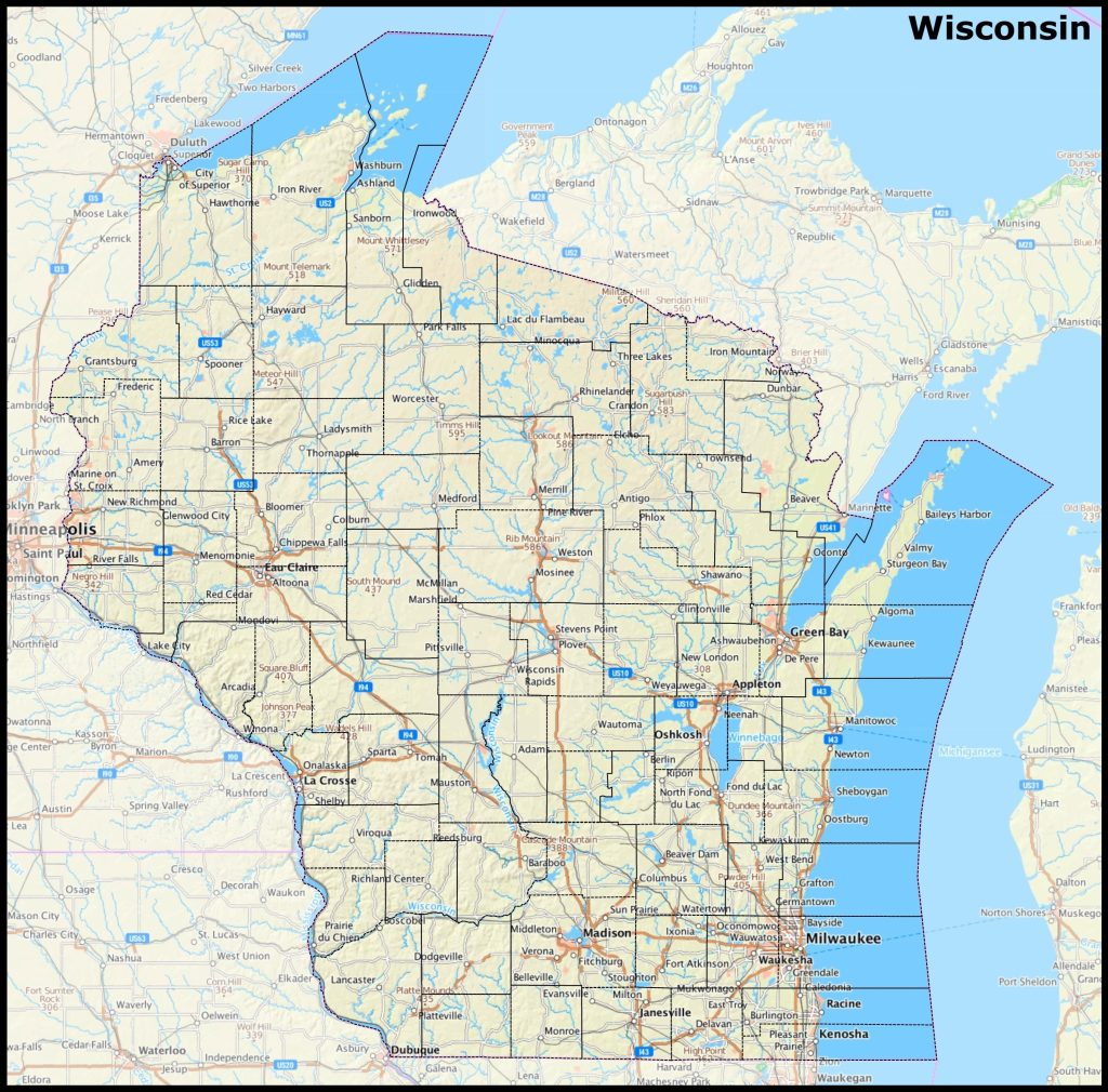 Mapa del estado de Wisconsin.