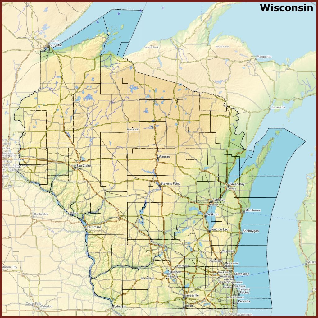 Mapa f&iacute;sico del estado de Wisconsin.