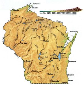 Mapa topogr&aacute;fico del estado de Wisconsin.