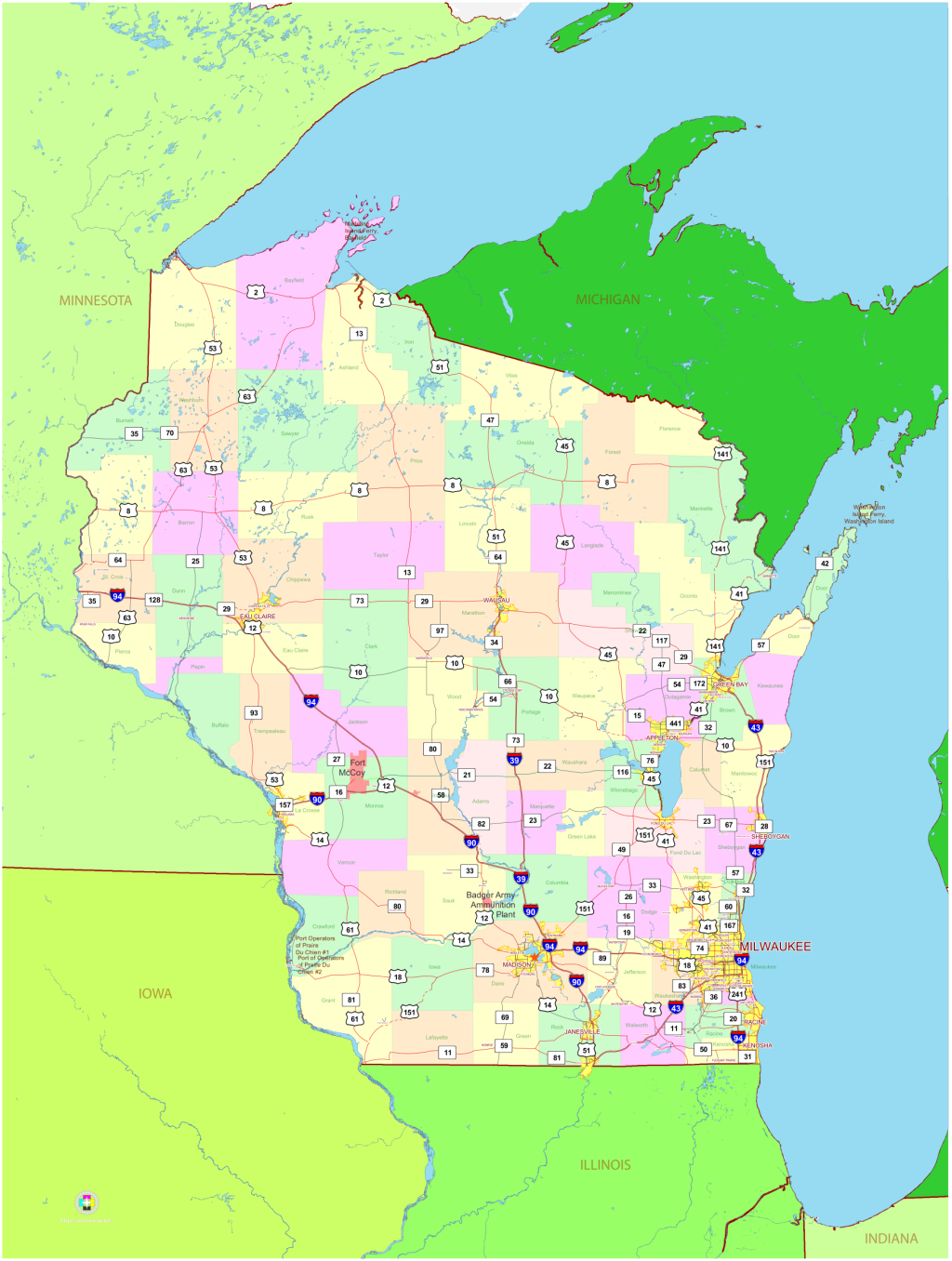 Mapa pol&iacute;tico del estado de Wisconsin.