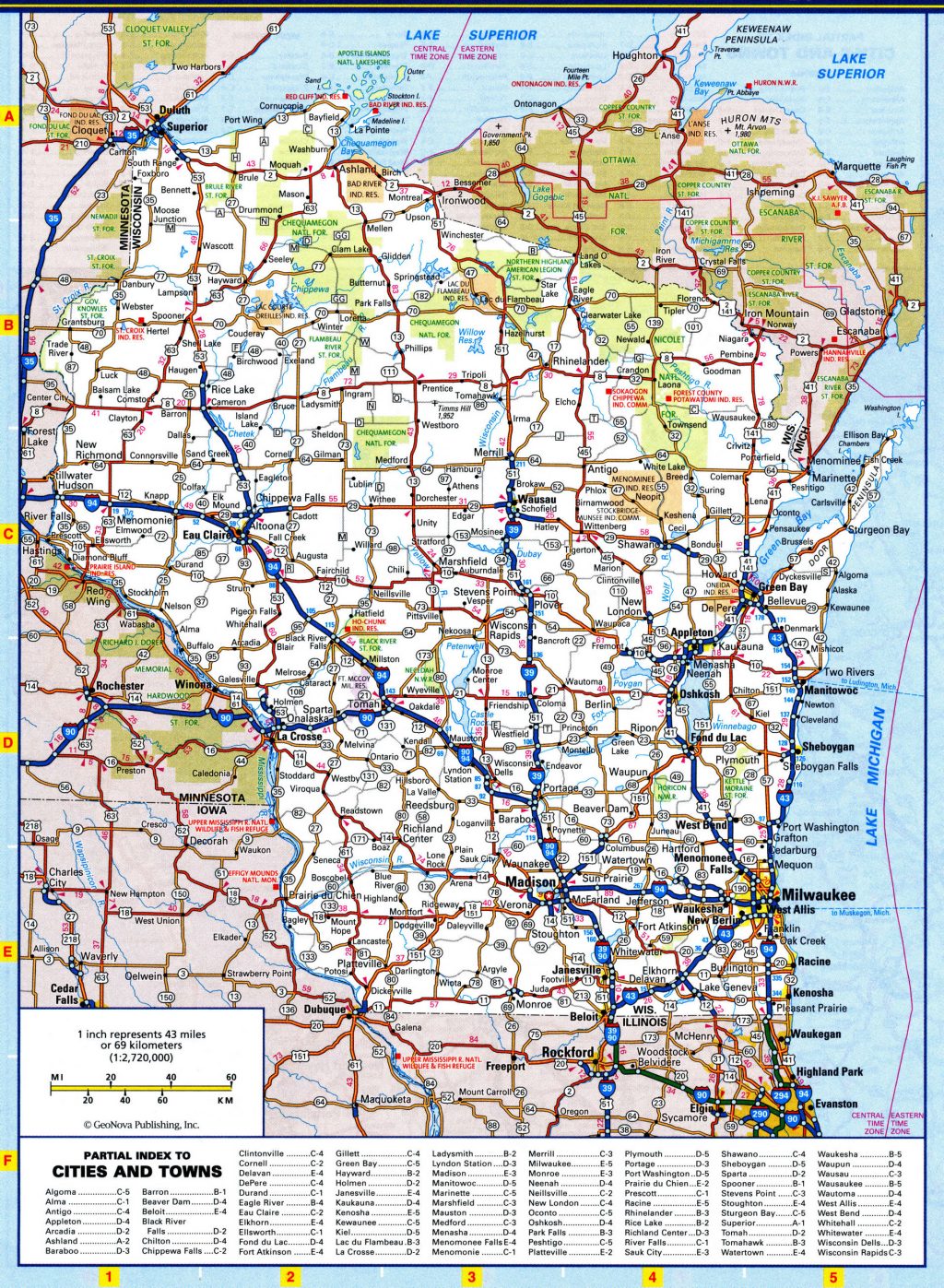 Mapa de carreteras del estado de Wisconsin.