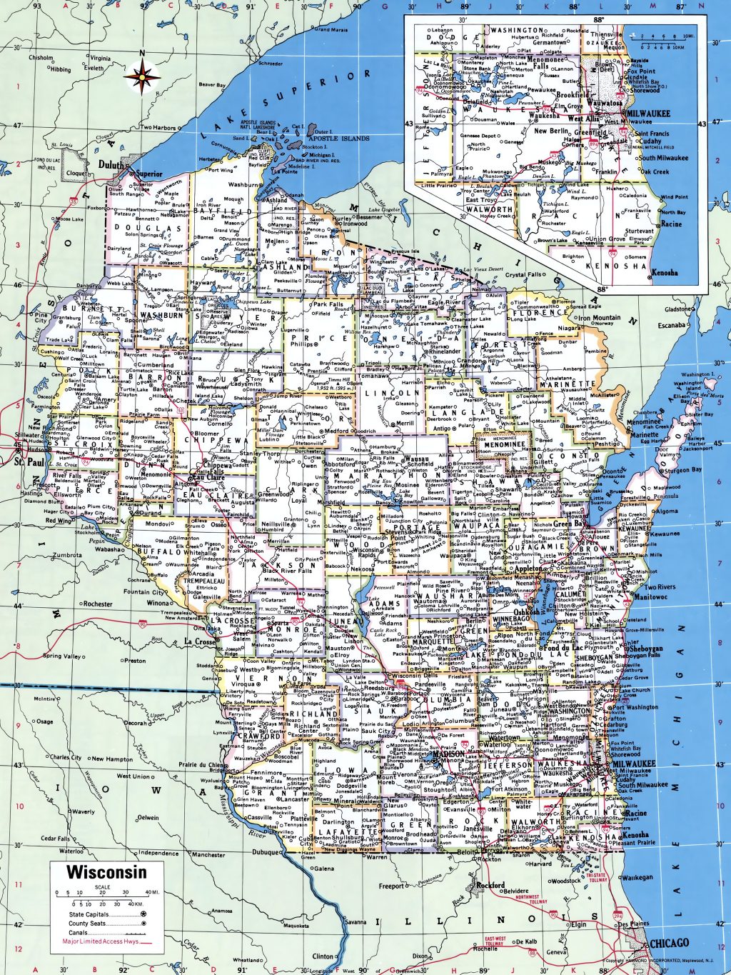 Mapa de las ciudades y pueblos del estado de Wisconsin.