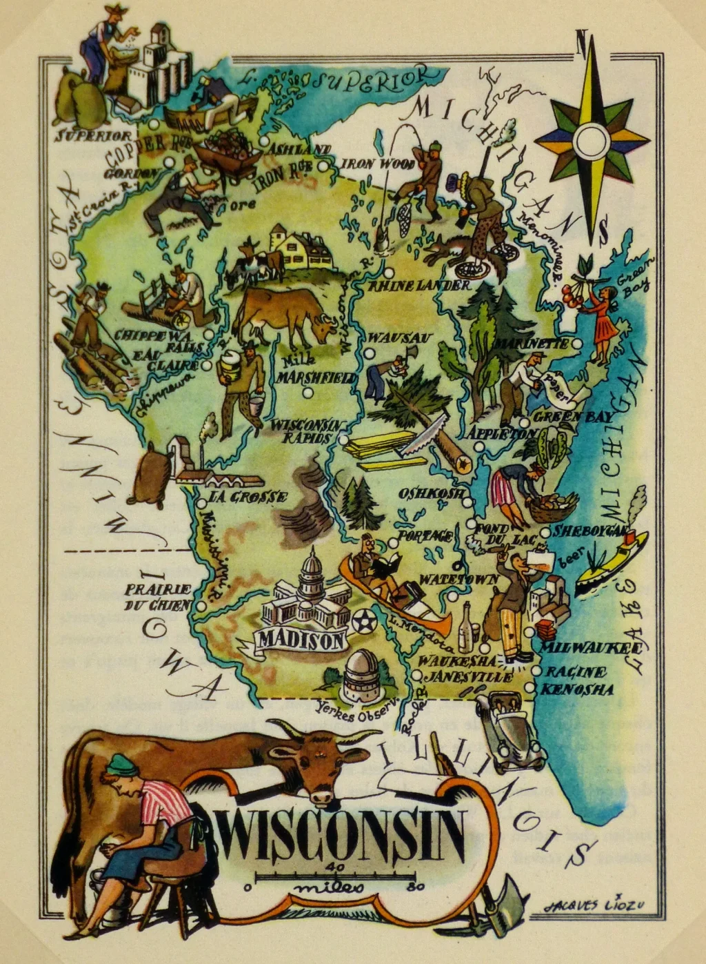 Mapa tur&iacute;stico pict&oacute;rico de Wisconsin de los a&ntilde;os 1940.