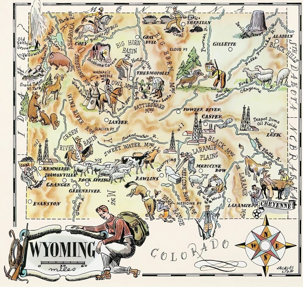 Mapa tur&iacute;stico pict&oacute;rico de Wyoming de los a&ntilde;os 1940.