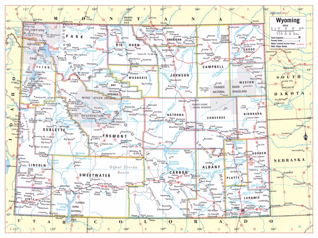 Mapa de las ciudades y pueblos del estado de Wyoming.