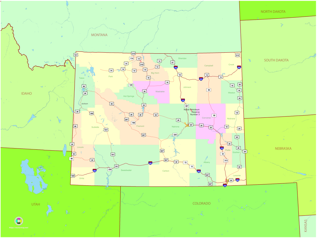 Mapa pol&iacute;tico del estado de Wyoming.