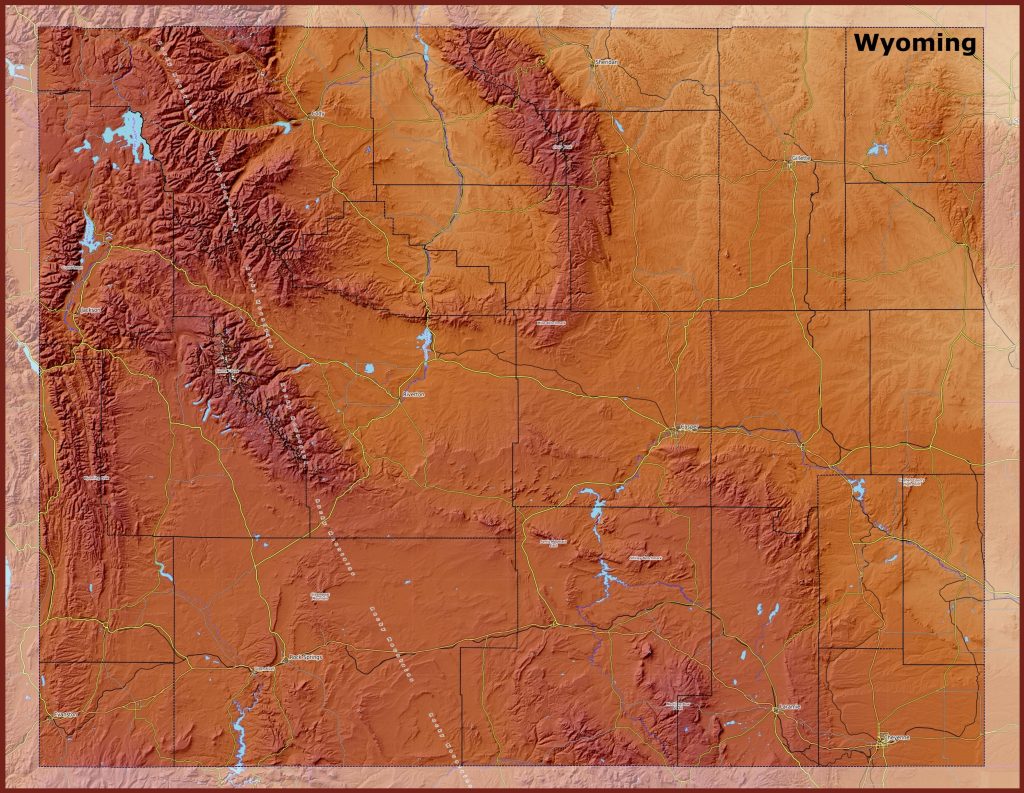 Mapa f&iacute;sico del estado de Wyoming.
