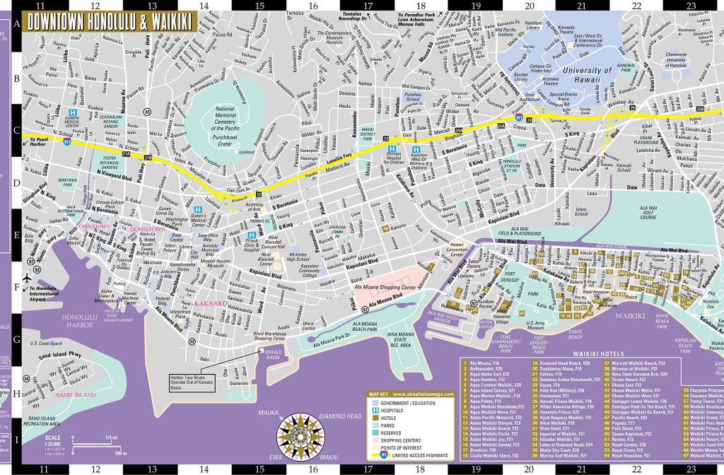 Plano del centro de Honolulu y Waikiki.