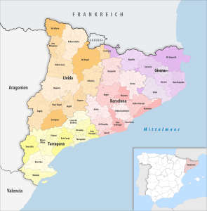 Mapa de las comarcas de la comunidad autónoma de Cataluña.