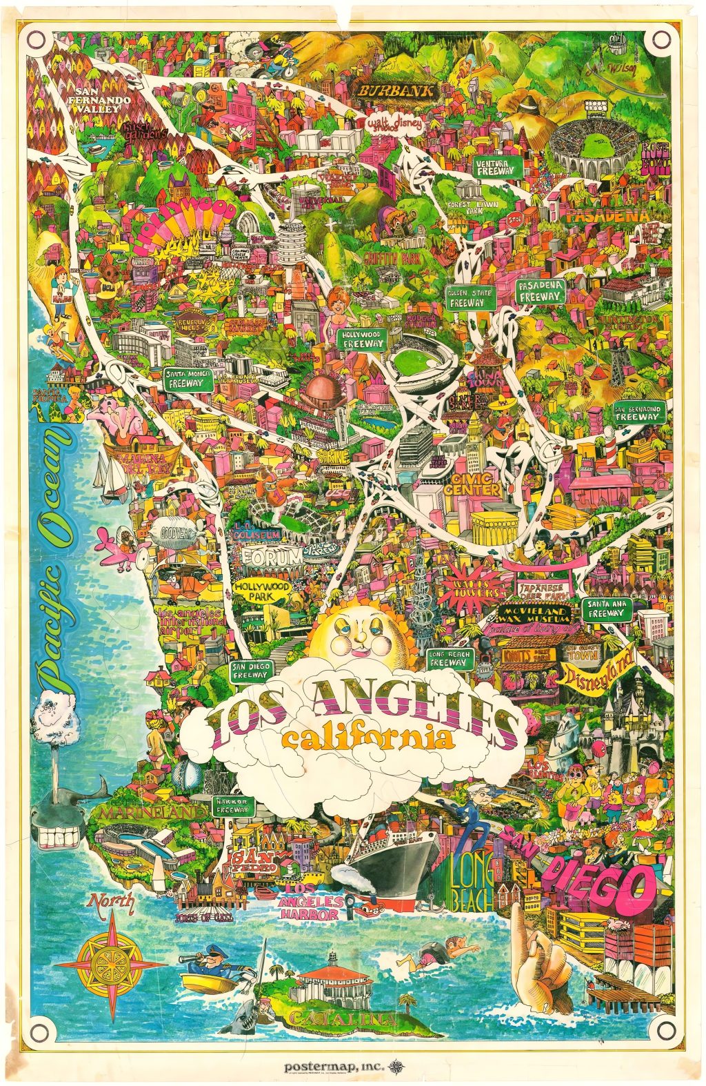 Plano tur&iacute;stico pict&oacute;rico de Los &Aacute;ngeles de 1970.
