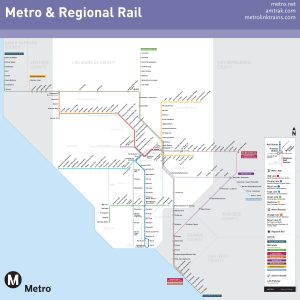 Mapa de la red ferroviaria de cercan&iacute;as con conexiones de metro en Los &Aacute;ngeles.