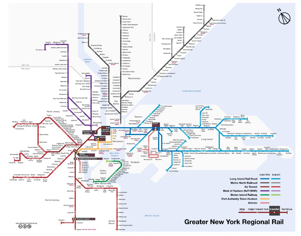 Mapa de la red ferroviaria del &aacute;rea metropolitana de Nueva York.