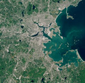Boston y sus alrededores, incluyendo el puerto de Boston, vistos desde Sentinel-2, 27 de septiembre de 2019.