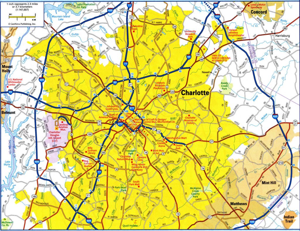 Mapa de Charlotte, Carolina del Norte.