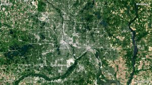 Vista satelital del &aacute;rea metropolitana de Minneapolis-Saint Paul (las Ciudades Gemelas) en Minnesota, capturada por el sat&eacute;lite Landsat 5 el 7 de junio de 2011.