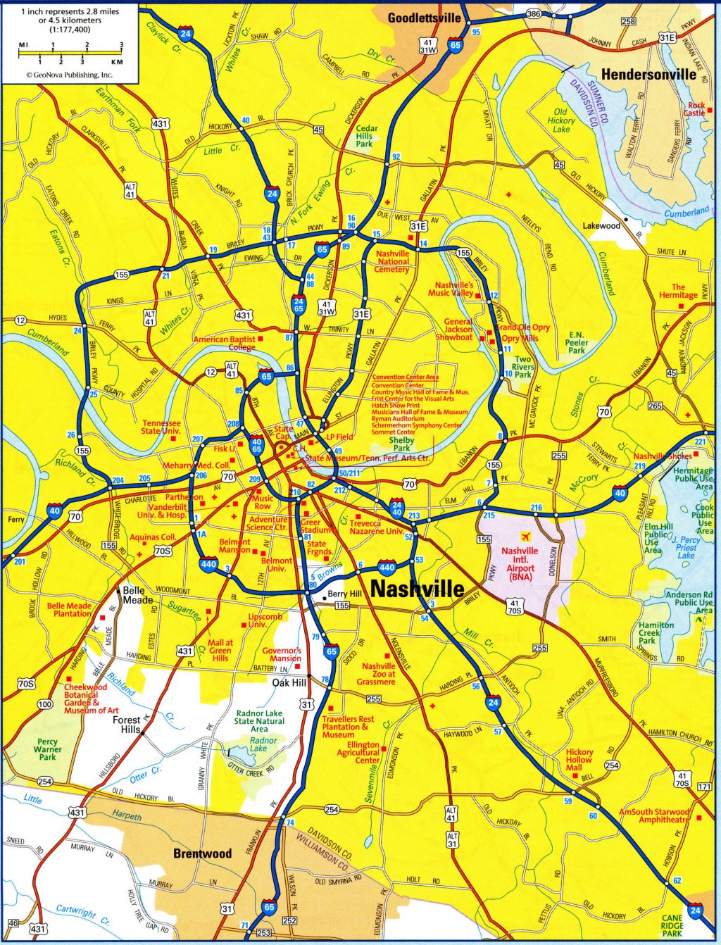 Plano de la ciudad de Nashville, Tennessee.