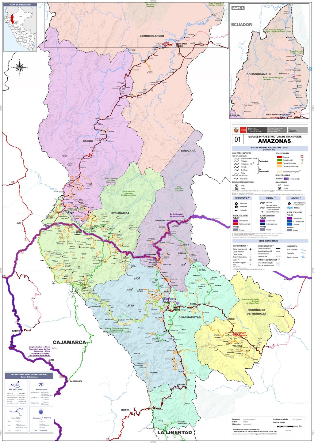 Mapa de carreteras del departamento de Amazonas, Per&uacute;.