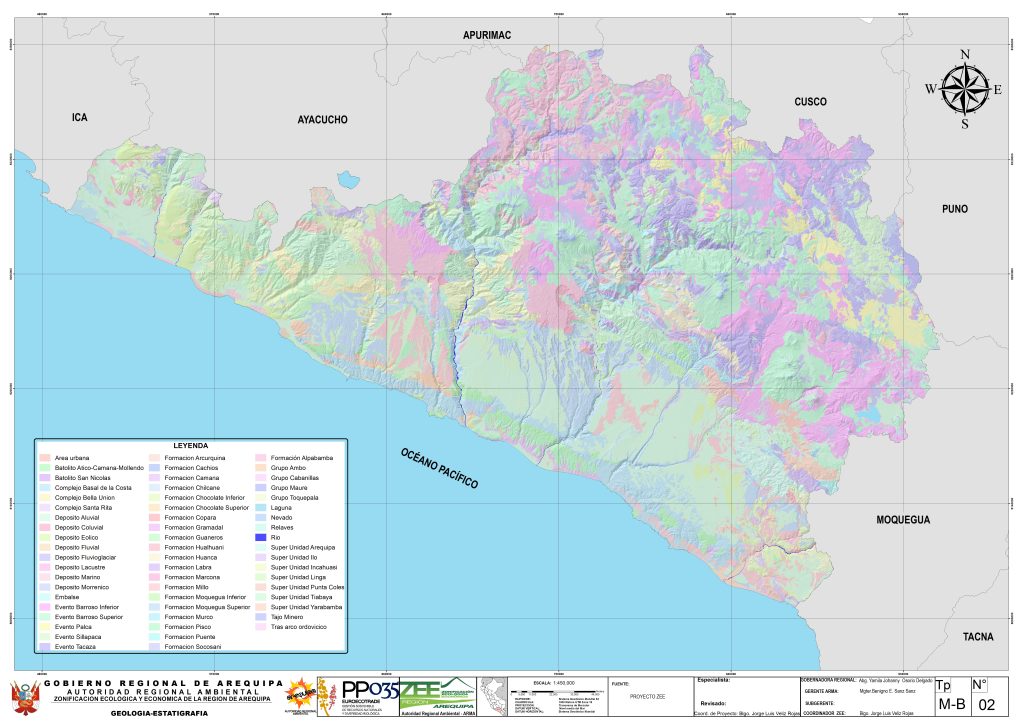 Mapa geol&oacute;gico-estratigr&aacute;fico del departamento de Arequipa.