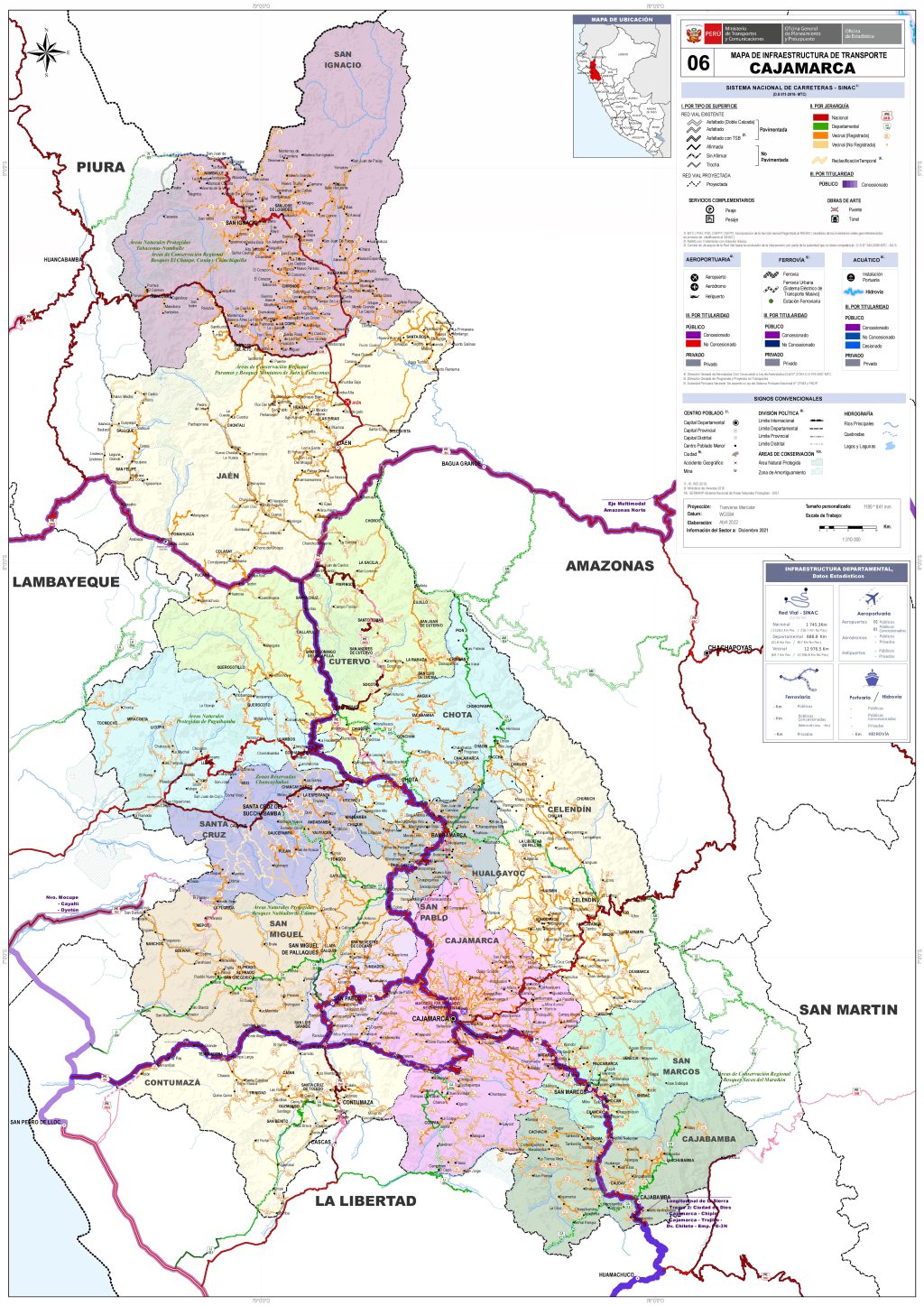 Mapa de carreteras del departamento de Cajamarca.