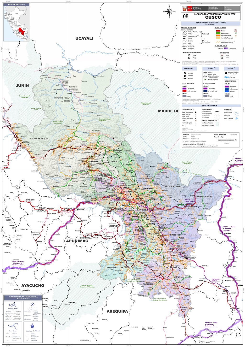 Mapa de carreteras del departamento del Cuzco.