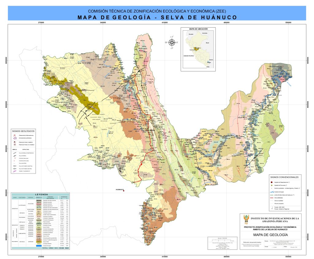 Mapa geol&oacute;gico del departamento de Hu&aacute;nuco.