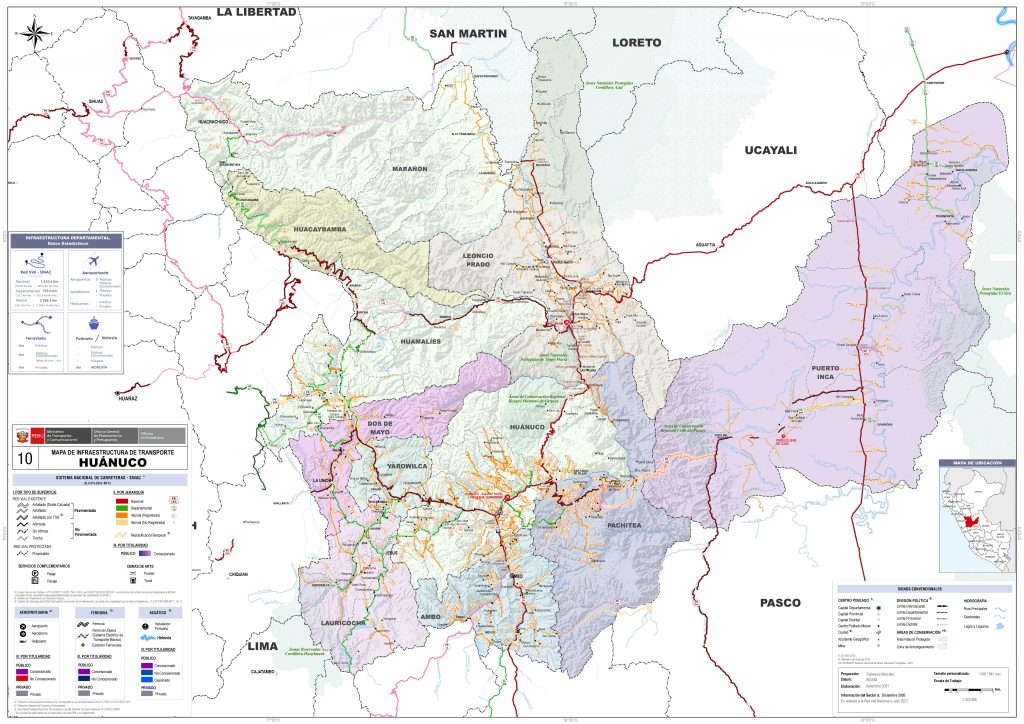 Mapa de carreteras del departamento de Hu&aacute;nuco.