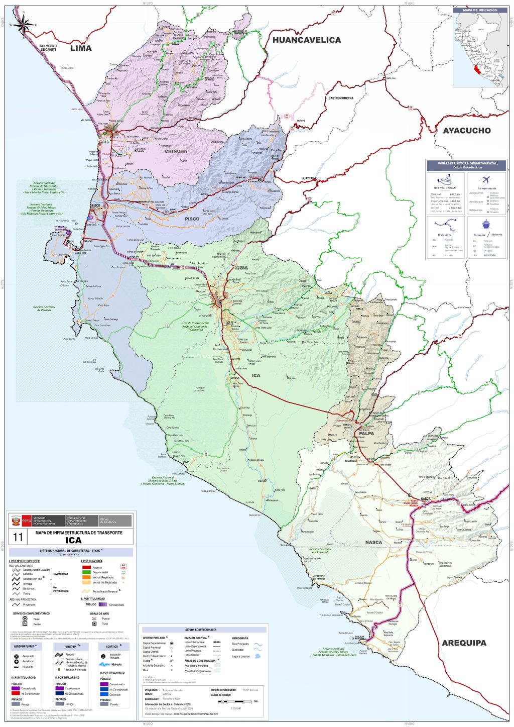 Mapa de carreteras del departamento de Ica.