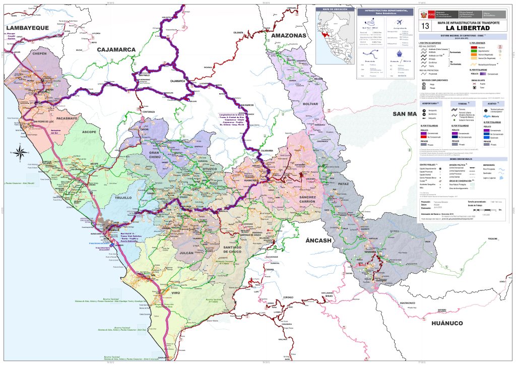 Mapa de carreteras del departamento de La Libertad.