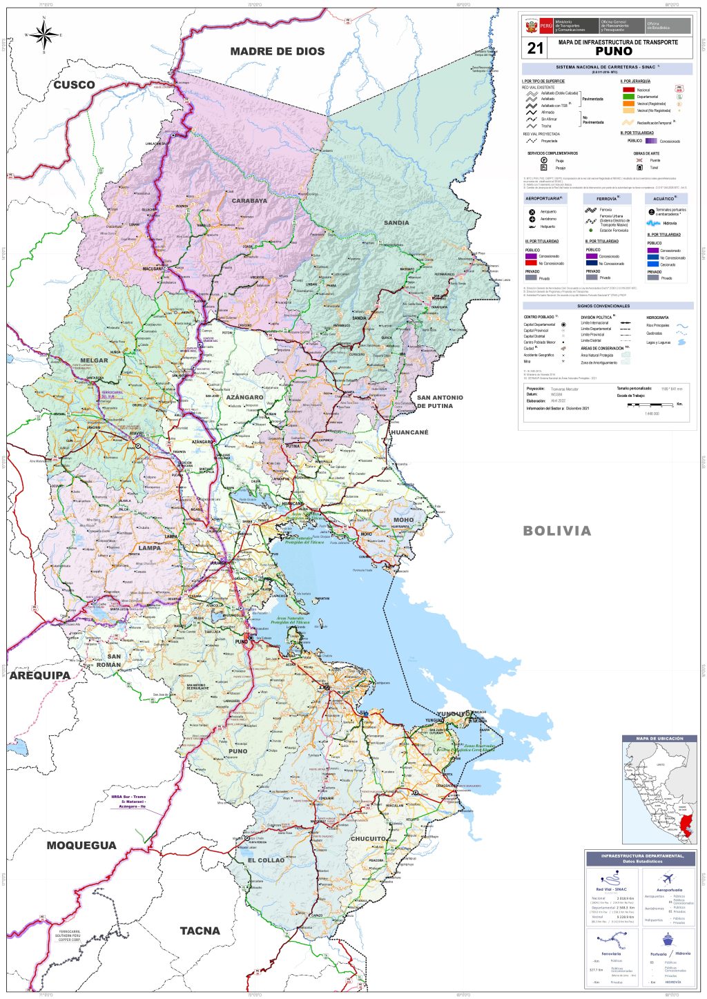 Mapa de carreteras del departamento de Puno.