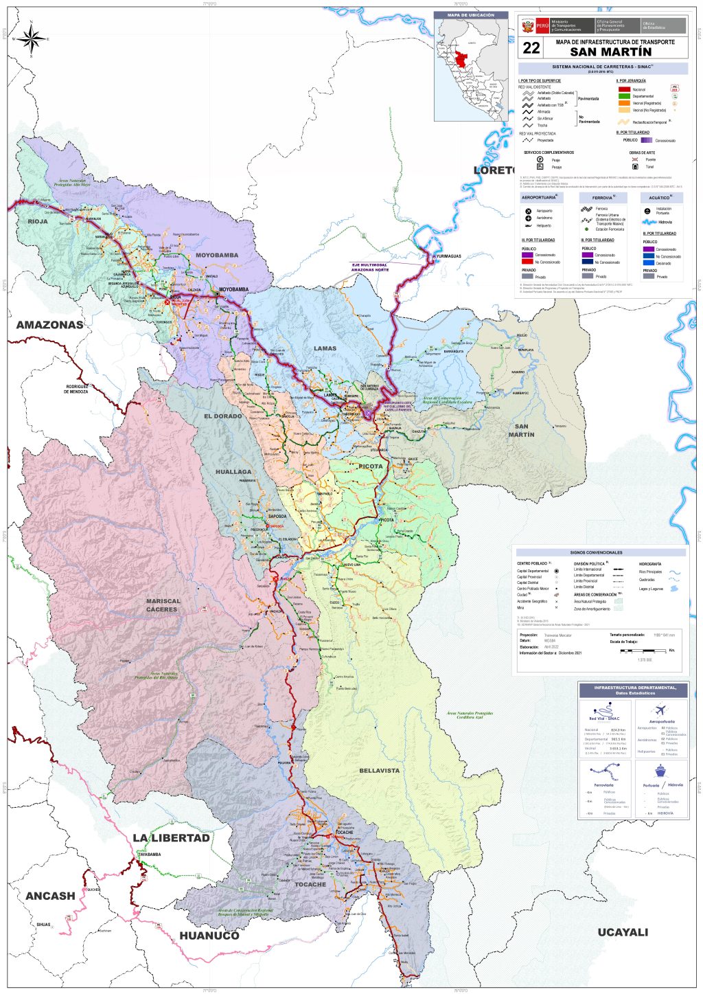 Mapa de carreteras del departamento de San Mart&iacute;n.