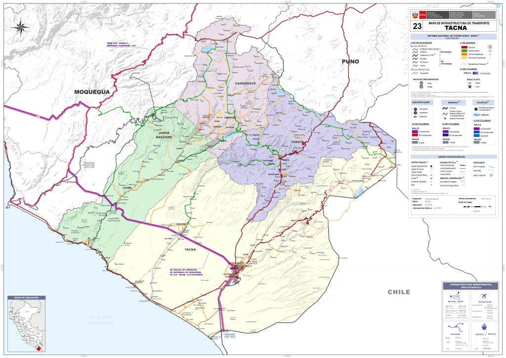 Mapa de carreteras del departamento de Tacna.