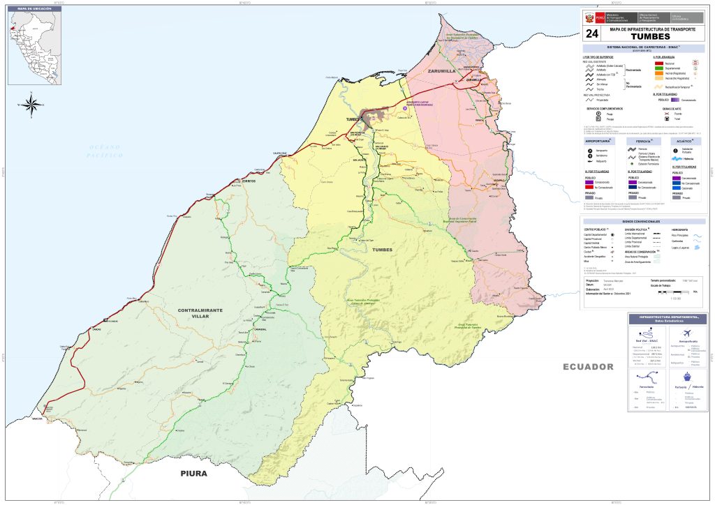 Mapa de carreteras del departamento de Tumbes.